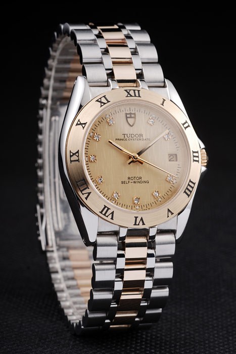 Tudor Swiss Classic Prince Date Stainless Steel Case Rose Gold Bezel Gold Dial