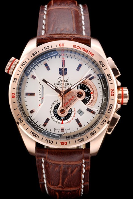Tag Heuer Carrera Rose Gold Case White Dial Brown Leather Strap
