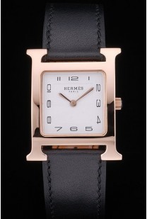 Hermes Heure H Rose Gold Bezel Black Leather Strap White Dial 80235